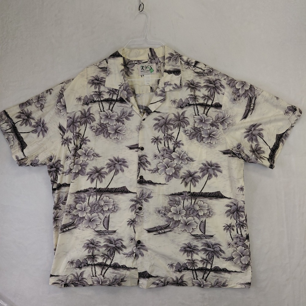 Vintage KY'S Hawaiian Shirt Mens 3XL White Black Tropical Palm Tree Cotton USA